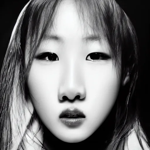 Image similar to hyper realistic k - pop idol black and white portrait with facial scars