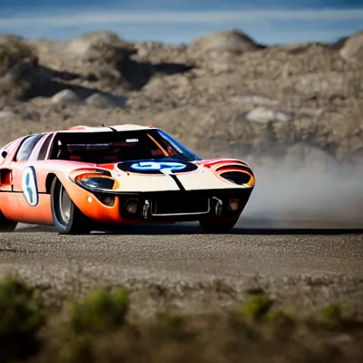Prompt: a 1 9 6 6 ford gt 4 0 mixed with a trophy truck, professional photography, wide - angle