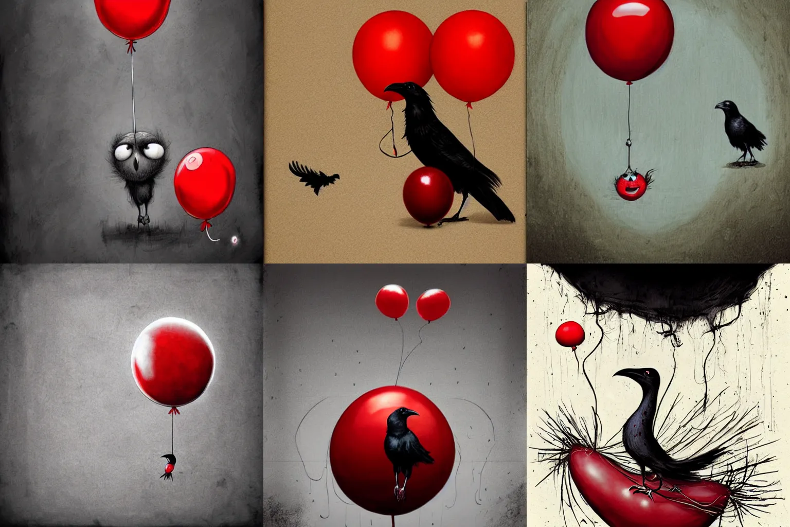 Prompt: surrealism grunge cartoon sketch of a raven with a wide smile and a red balloon by - michael karcz, loony toons style, horror theme, detailed, elegant, intricate