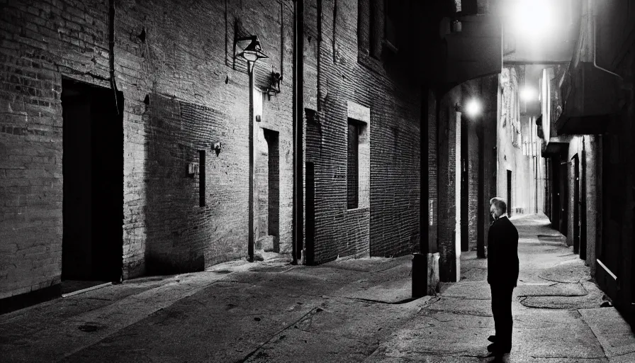 Image similar to photorealistic 1 6 mm, f / 1. 4, iso 2 0 0, shutter speed 2, on tripod. focused on a person standing in a long dark alleyway. in - between two tall buildings. light spilling from small windows lighting up their sides