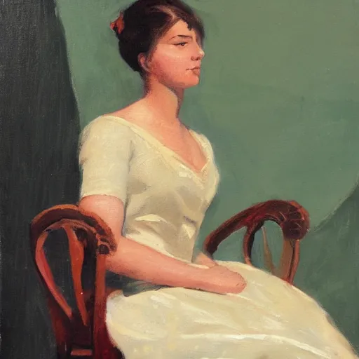 Image similar to a painting of a woman sitting on a chair in the style of margaret keene