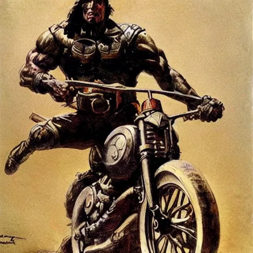 Image similar to into glory ride, artwork by Frank Frazetta, motorcycle, muscular warrior holding sword