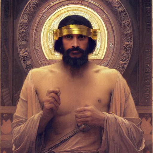 Image similar to orientalist portrait of a sage wearing a golden mask casting a glowing lightning magic spell in a sandstone temple intricate portrait by john william waterhouse and Edwin Longsden Long and Theodore Ralli and William-Adolphe Bouguereau, very coherent symmetrical artwork. Cinematic, hyper realism, high detail 8k