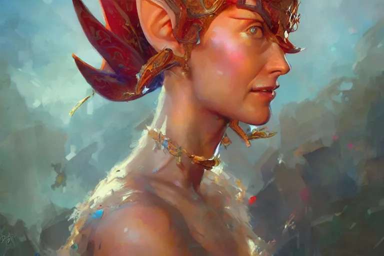 Prompt: A bright, happy painting of an elven queen by Craig Mullins, beautiful, hyperrealistic, realistic face, high-quality, professional, dramatic lighting, extremely high detail, trending on artstation