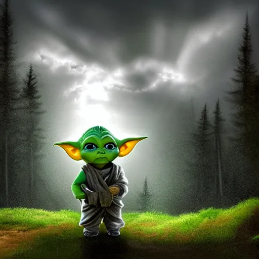 Image similar to high - angle view, shot from 5 0 feet distance, baby yoda on a well lit path in a dimly lit forest. dramatic clouds, setting sun, oil on canvas. light, shadow, depth, volume, chiaroscuro, drama, quiet intensity, realism, digital art