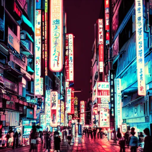 Image similar to futuristic tokyo crowded night street with neon signs by giorgio vasari, renaissance art, the animatrix, atmospheric, cinematic composition, 8 k, cyberpunk lighting