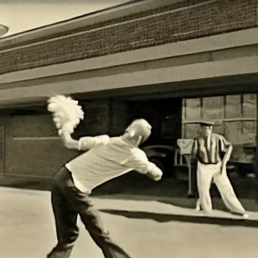 Image similar to cctv footage from 1 9 5 0 of joe biden fighting corn pop in the parking lot. corn pop was a real bad dude