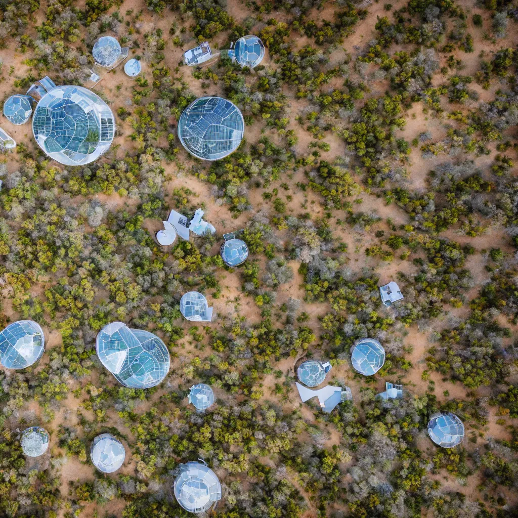 Image similar to aerial view of beautiful and artistic futuristic commune in the australian outback, parks, recreation, village, high technology, biomimetic, urban planning, XF IQ4, 150MP, 50mm, F1.4, ISO 200, 1/160s, natural light