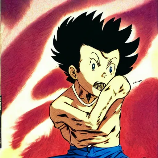 Prompt: young boy angry with pompadour hair, art by katsuhiro otomo, tetsuo hara, hirohiko araki, jotaro kujo, banchou, action pose, manga cover