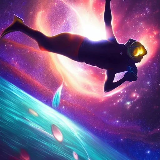 Prompt: a diver swimming through the universe, colliding galaxies, artstation