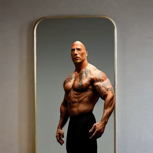 Image similar to Full-Body Portrait of Dwayne Johnson malnourished in front of a Ballet mirror, 4K quality, super-realistic
