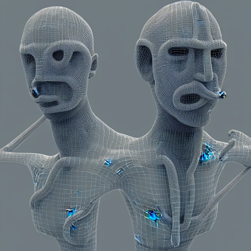 Image similar to 3 d render of a wireframe of a melted human head, sculpture, chrometype, liquid metal, neotribal, raytraced, volumetric lightning, 8 k, by zhelong xu, tooth wu, wlop, ouchh and and innate studio