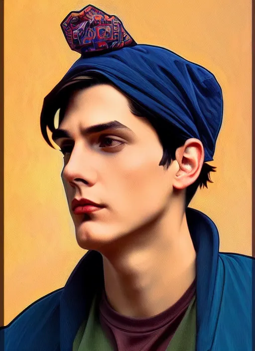 Image similar to oil portrait of jughead jones, intricate, elegant, highly detailed, lighting, painting, artstation, smooth, illustration, art by greg rutowski and alphonse mucha