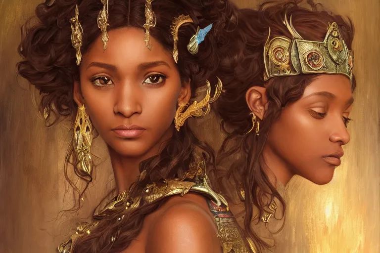 Image similar to portrait of Princess Zelda, brown skin, fantasy, intricate, elegant, dramatic lighting, emotionally evoking symbolic metaphor, highly detailed, lifelike, photorealistic, digital painting, artstation, concept art, smooth, sharp focus, illustration, art by John Collier and Albert Aublet and Krenz Cushart and Artem Demura and Alphonse Mucha