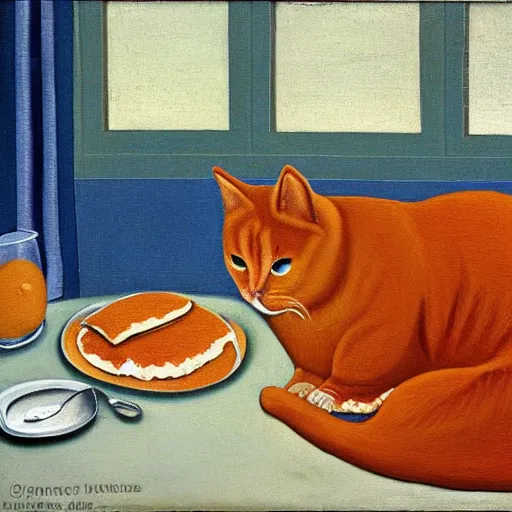 Prompt: fat orange tabby cat eating lasagna on a table, afternoon, by grant wood, neighborhood outside window