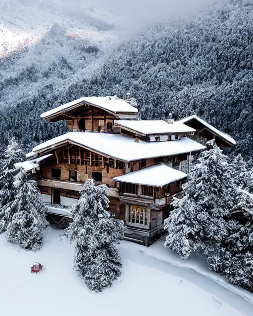 Image similar to hidden mansion on fire in the alps with snow covered roof, zoomed out, shot from drone, iphone capture