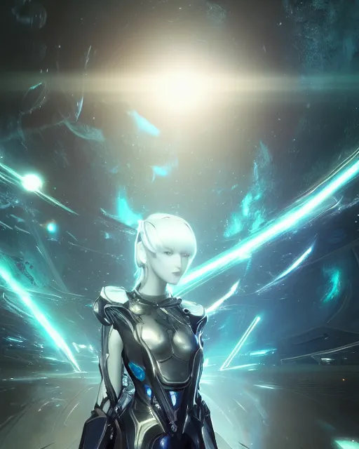 Image similar to photo of a android girl on a mothership, warframe armor, beautiful face, scifi, nebula, futuristic background, galaxy raytracing, dreamy, focused, sparks of light, pure, long white hair, blue cyborg eyes, glowing, 8 k high definition, insanely detailed, intricate, innocent, art by akihiko yoshida, antilous chao, woo kim