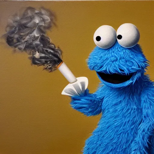 Image similar to cookie monster smoking a pipe, hyper realistic oil painting