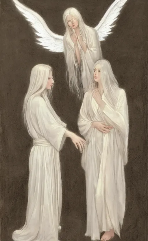 Prompt: thin angel with silver hair so pale and wan!, thin!, flowing robes, covered in robes, lone pale wan fair skinned goddess, wearing robes of silver, flowing, pale skin, young cute face, covered!!, clothed!! oil on canvas, style of lucien levy - dhurmer and jean deville, 4 k resolution, aesthetic!, mystery