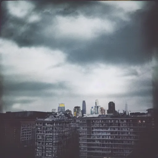 Image similar to instant photograph of the sky, polaroid, raw, beautiful, nostalgic, light leak, night, clouds, city