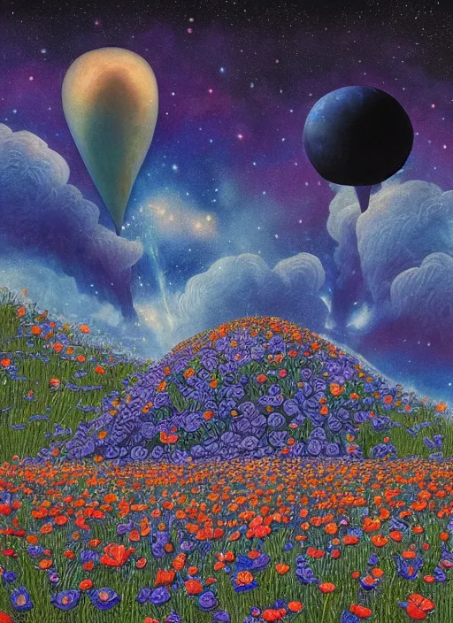 Image similar to detailed, intricate blue black and purple papaverum flower on the field, nebula, galaxy in the sky, winning award masterpiece, fantastically beautiful, illustration, aestheticly inspired, jacek yerka, upscale with anguissola sofonisba work, artstation, 8 k