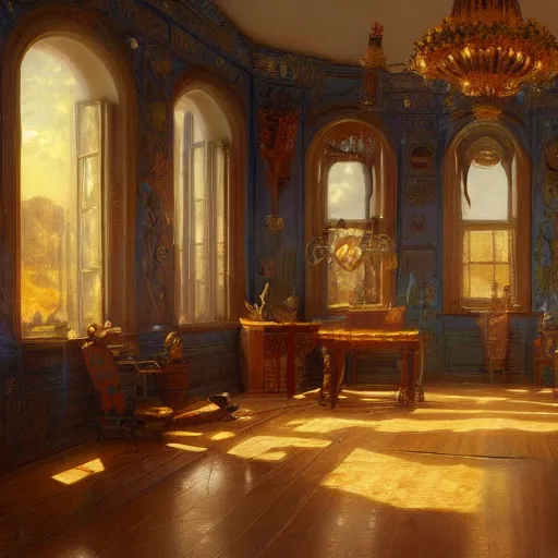 Prompt: detailed painting of an interior room with celestial ephemeral ornaments and thomas kincade architecture, artstation, greg crewdson, cinematic