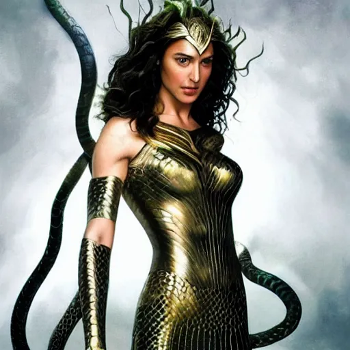 Prompt: Full body photo of the beautiful woman Gal Gadot as Medusa the greek goddess, she has those characteristic snakes coming out of her head, she is looking straight to the camera, she has a glow coming from her, she is getting illuminated for rays of light, behind her is a scary atmosphere, the photo was taking by Annie Leibovitz, matte painting, oil painting, naturalism, 4k, 8k