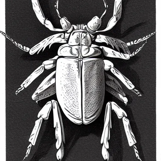 Image similar to horned beetle, black and white, botanical illustration, black ink on white paper, bold lines