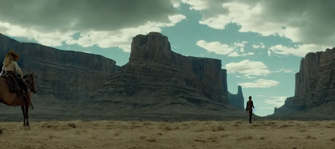 Image similar to epic closing shot of westworld ( 2 0 1 8 ), 3 5 mm film still by emmanuel lubezki, stunning, symbolic