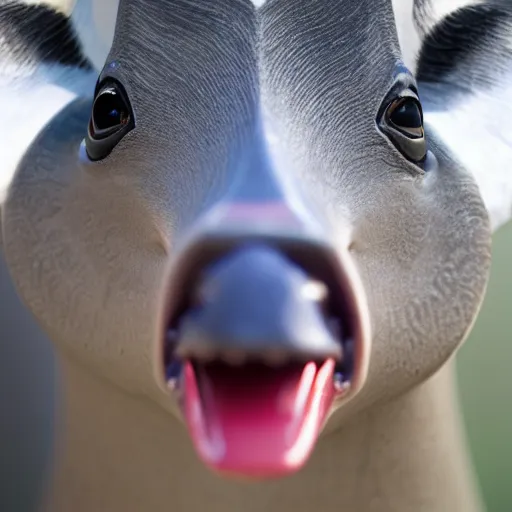 Prompt: a taxidermized smiling goose cow chimera, in a museum, on a pedestal, 8 5 mm lens, 7 0 mm entrance pupil diameter, close - up photograph, high detail, 4 k, soft focus, depth of field