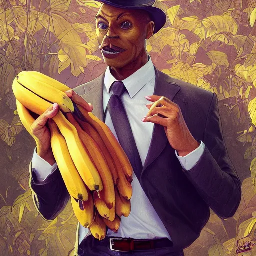 Image similar to an anthropomorphised banana in a business suit, artists portrait, fantasy, highly detailed, digital painting, concept art, sharp focus, depth of field blur, illustration, art by artgerm and greg rutkowski and alphonse mucha