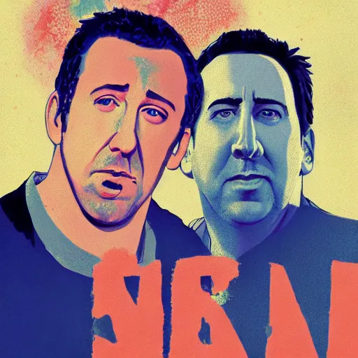 Image similar to Adam Sandler, catching Nicholas Cage, in a lava lamp, Trending on Artstation, Hiroaki Tsutsumi style