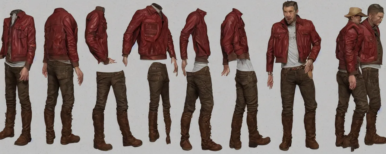 Prompt: character design, reference sheet, gaunt, 40's adventurer, unshaven, optimistic, stained dirty clothing, straw hat, riding boots, red t-shirt, dusty rown bomber leather jacket, concept art, photorealistic, hyperdetailed, 3d rendering! , art by Leyendecker! and constable,