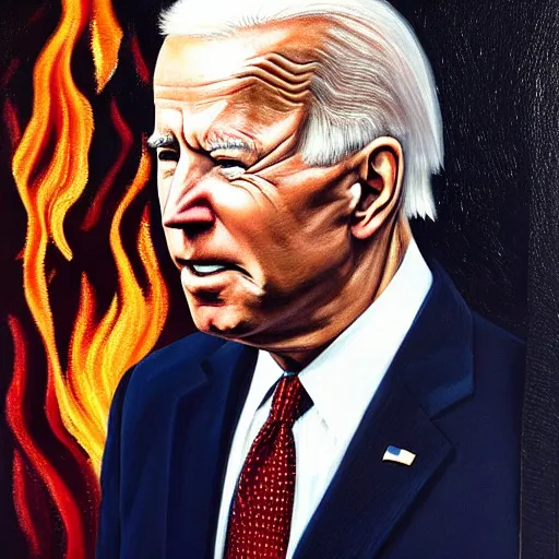 Image similar to Highly detailed close-up painting of President Joe Biden’s face, slight smirk, single tear rolling down his cheek, dark background, reflection of fire in his eyes, oil on canvas, painting by Chuck Close in the style of Hans Memling