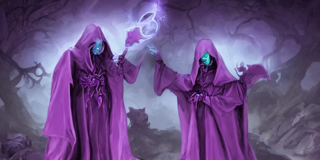 Prompt: cute purple cloaked lich summoning, illustration by Brom:5, cute:2, lich:-1