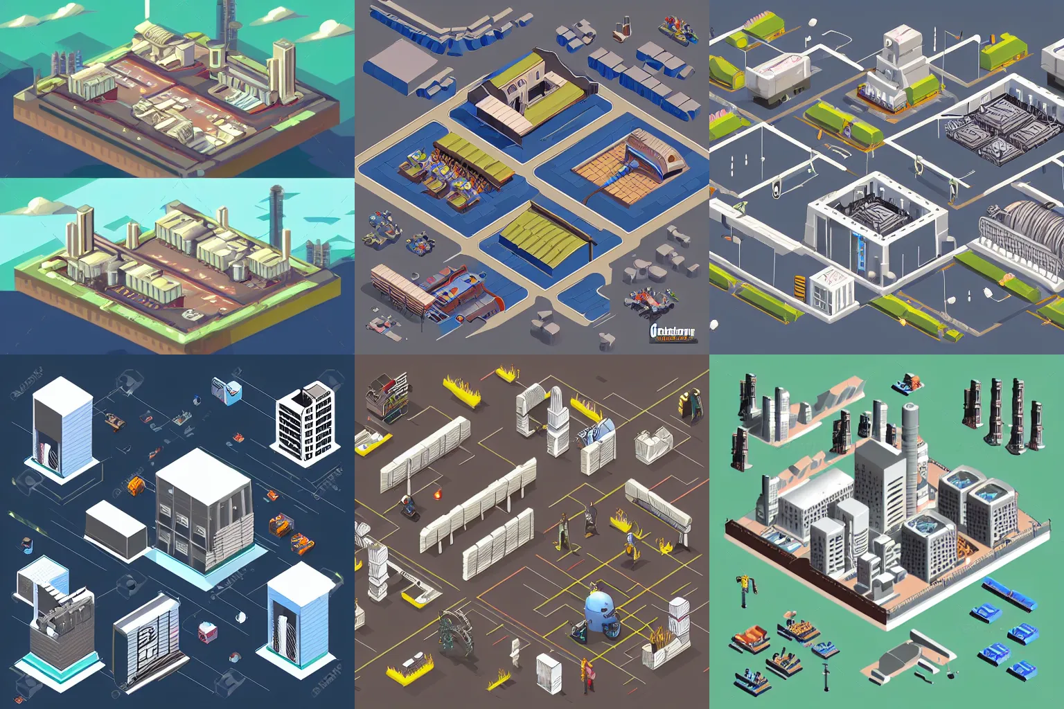 Prompt: isometric concept art of cyberpunk factory, style of knockout city, browns and whites, above the clouds