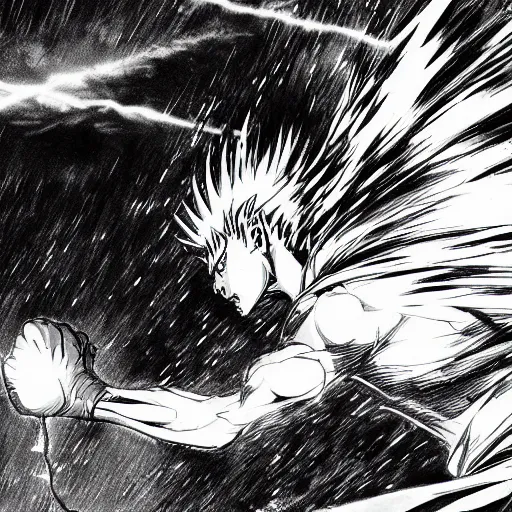 Image similar to dramatic action lines drawing of saitama charging up a punch, black rain and guts are raining down the sky