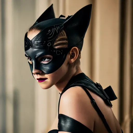 Image similar to Emma Watson as Catwoman, XF IQ4, 150MP, 50mm, f/1.4, ISO 200, 1/160s, natural light, Adobe Lightroom, photolab, Affinity Photo, PhotoDirector 365, filling the frame, rule of thirds, symmetrical balance, depth layering, headroom