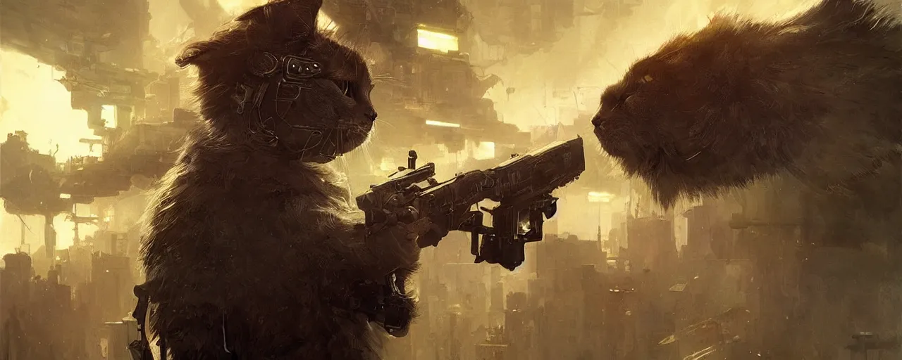 Image similar to a portrait of a futuristic cyberpunk british longhair cat soldier in war scene, epic scene, epic lighting, by greg rutkowski