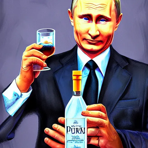 Image similar to putin holding a bottle of israeli arak, cinematic, beautiful digital painting, hyper detailed