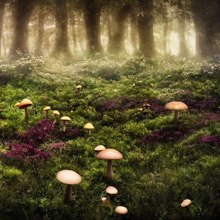 Image similar to a planet of various fungus, mushrooms, flowers and plants, inside the picture is infinity, Atmospheric, artistic photography, conceptual, long exposure outside the city, volumetric light