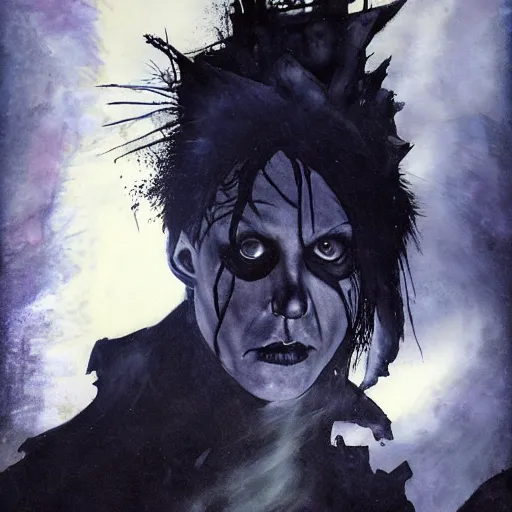 Image similar to gaunt ( the cure fan ) as dream from sandman, dim stars as eyes, by jeremy mann, by cedric peyravernay, by ben templesmith, by dave mckean and richard avedon, dramatic lightning, sadness, dark eye sockets, in the shadows, punk rock, gothic, high detailed, 8 k