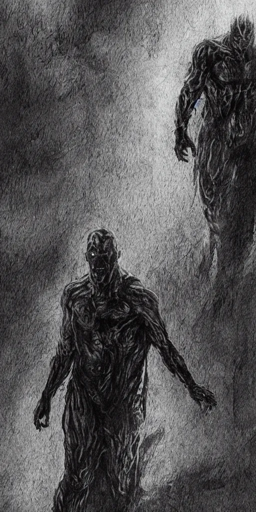 Image similar to concept art of only one man, evil man in a menacing pose, with his body covered in burns, with black smoke coming out of his hands, full body, dark colors, sinister atmosphere, dramatic lighting, cinematic, establishing shot, extremely high detail, photo realistic, cinematic lighting, pen and ink, intricate line drawings, by Yoshitaka Amano, Ruan Jia, Kentaro Miura, Artgerm, post processed, concept art, artstation, matte painting, style by eddie mendoza, raphael lacoste, alex ross,