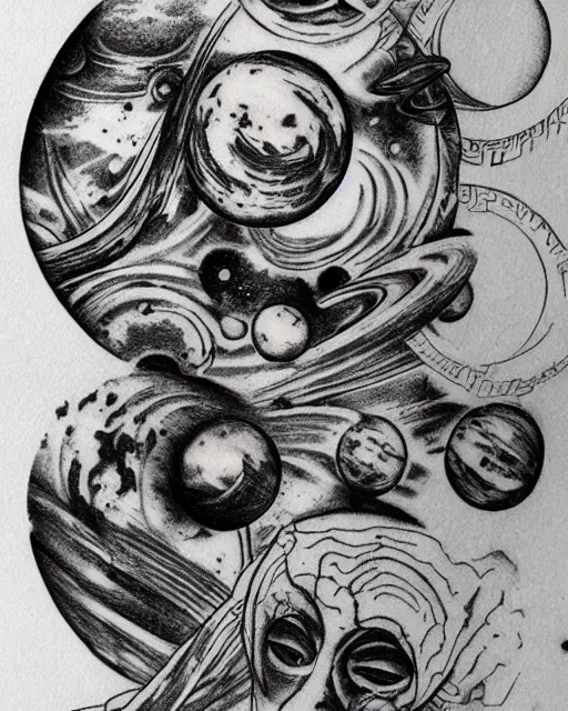 Prompt: planets on the top of a broken renaissance head statue, realism tattoo design, in the style of tony santos
