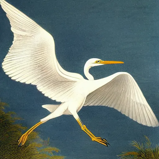 Prompt: a flying egret, by john-audubon