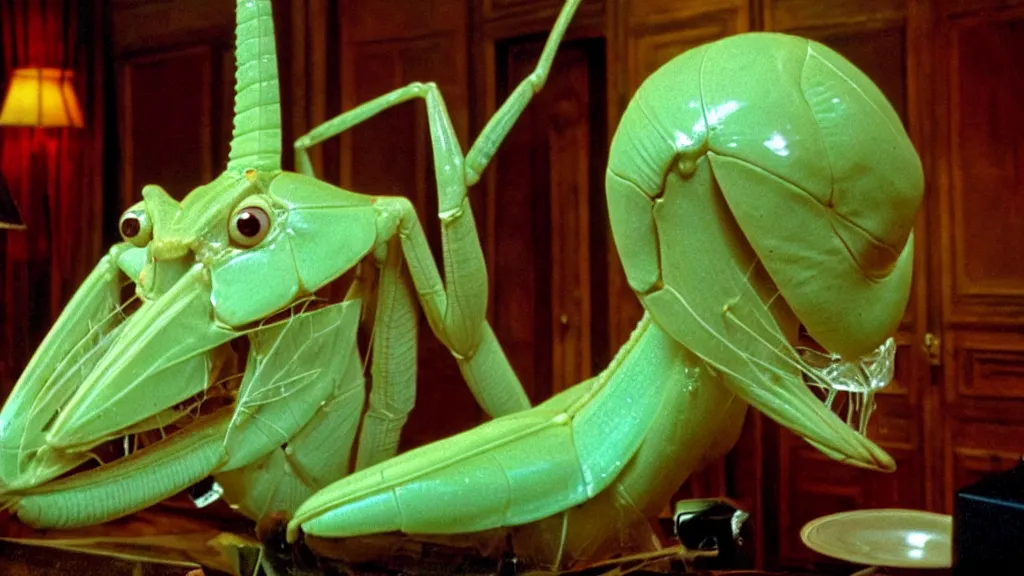 Image similar to the giant praying mantis head in the living room made of wax and water, film still from the movie directed by Wes Anderson with art direction by Salvador Dalí, wide lens