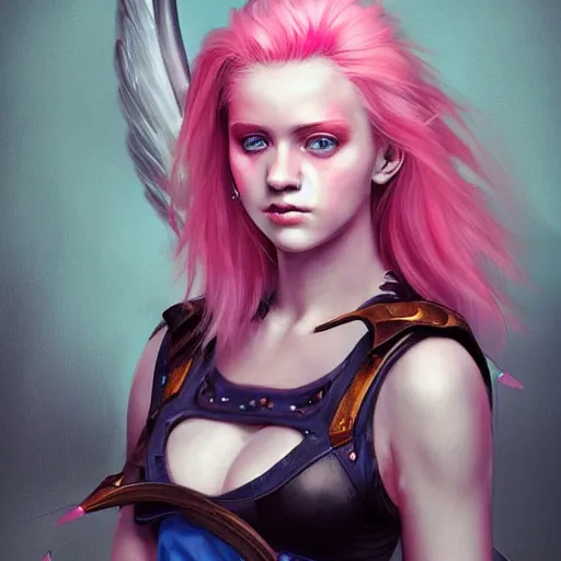 Prompt: beautiful warrior angel with pink hair, upper body, blue piercing eyes, thin features, beautiful aesthetic, by james jean, trending on artstation, digital art