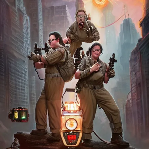 Prompt: ghostbusters, highly detailed, d & d, fantasy, hyper detailed, digital painting, trending on artstation, apollo, concept art, sharp focus, illustration, art by artgerm and magali villeneuve and greg rutkowski and michael whelan, cryengine, 8 k realistic atmospheric lighting, frostbite 3 engine, w 1 0 2 4