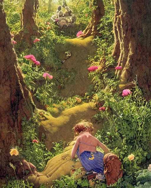 Image similar to detailed painting of a beautiful tardigrade p, untouched by humans for years, with a brooding fairy inside it. sunlight beams down on the scene and you can tell it is spring from the flowers. perhaps a party of adventurers or a lone traveler is entering the scene from the a path. by norman rockwell