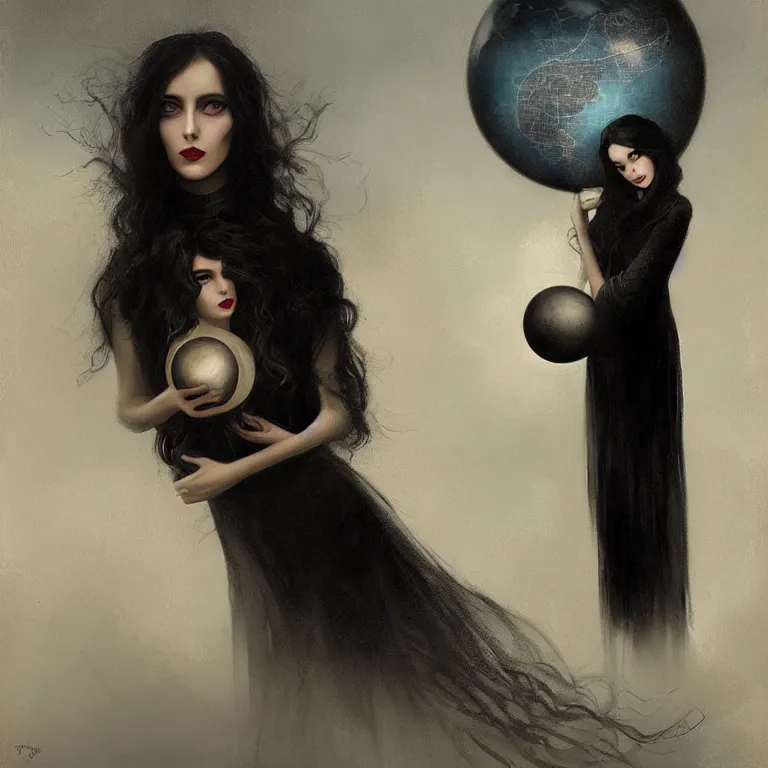 Prompt: a woman in black with long hair holding a small globe by tom bagshaw